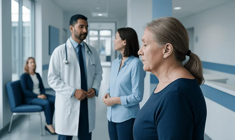 Medical consultation about neck hump with healthcare professionals at hospital.