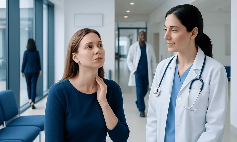 Patient consulting with doctor in hospital corridor.