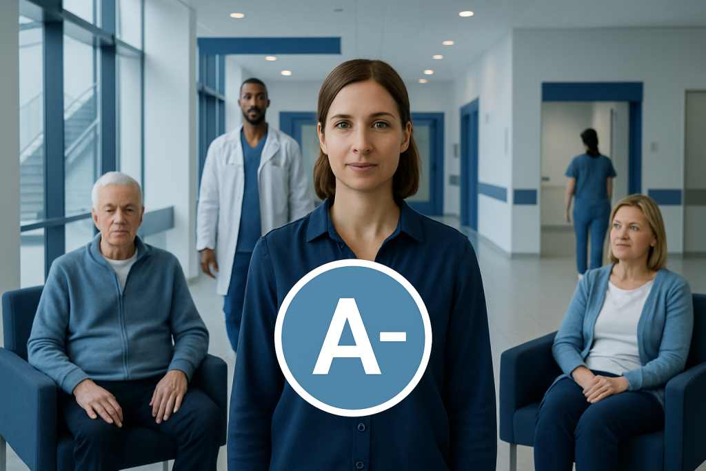 A negative blood type: A Complete Guide to Types, Compatibility, and Health Implications 1 Healthcare professional holding blood type A- sign in hospital corridor.