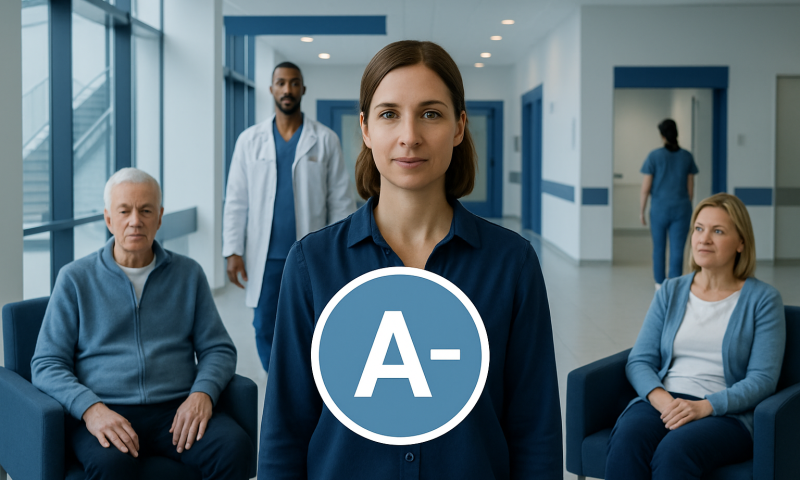 Healthcare professional holding blood type A- sign in hospital corridor.