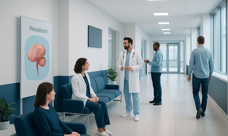 Medical consultation about neoplasm in a hospital corridor with doctors and patients.