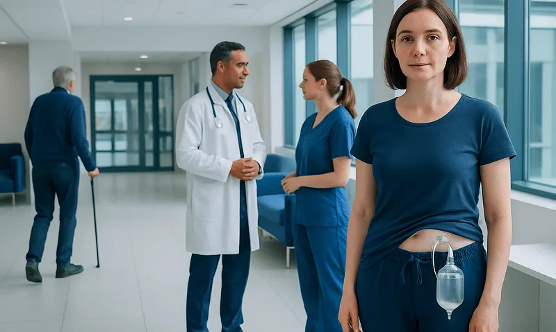 Young woman with medical IV in hospital corridor at Acibadem Hospitals Group.