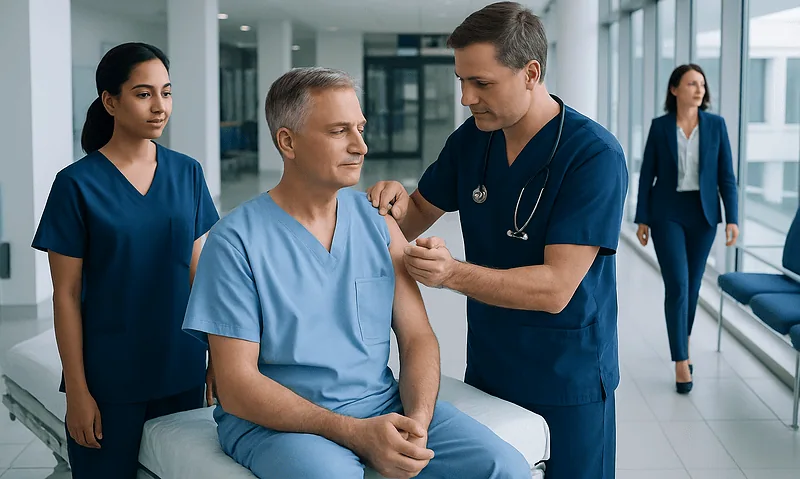 Nerve Block: An Evidence-Based Guide for Patients 5 Medical team discussing patient care in hospital corridor.