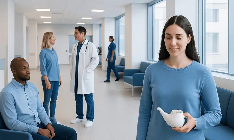 Young woman holding a teapot in a hospital waiting area.