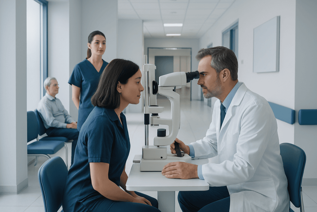 What Is a Neuro-Ophthalmology Exam? 1 Ophthalmologist performs eye exam using slit lamp in hospital setting.
