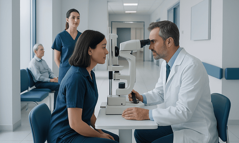 Ophthalmologist performs eye exam using slit lamp in hospital setting.