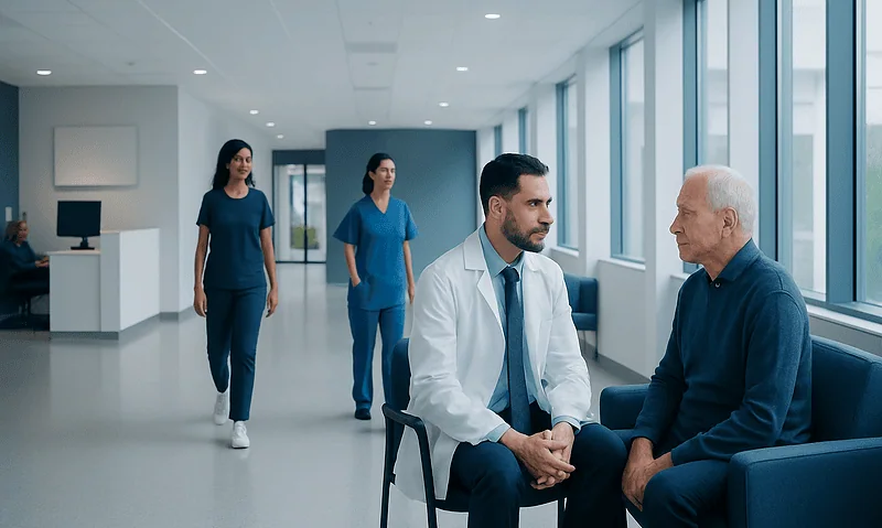 Doctor consulting elderly patient in a modern hospital corridor.