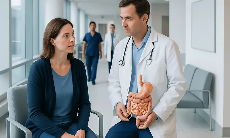 Doctor explaining gastrointestinal health to a patient in a hospital corridor.
