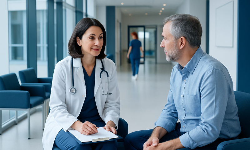 Doctor consulting with a patient in a modern hospital corridor.