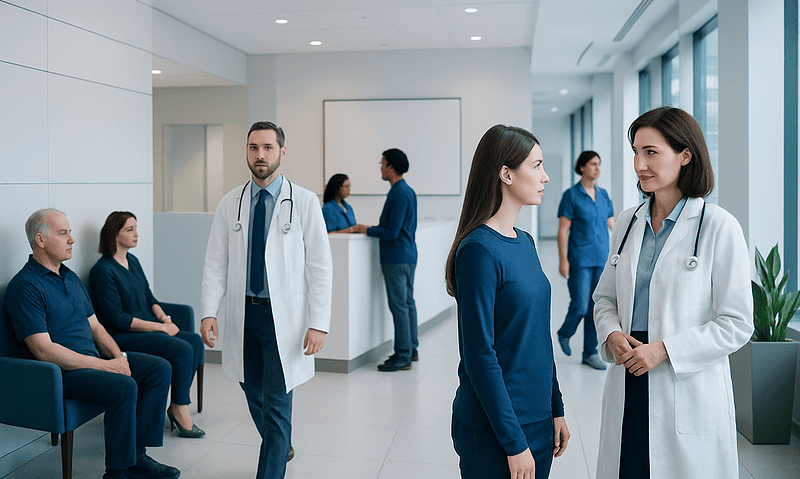 Medical professionals and patients in a modern hospital corridor.
