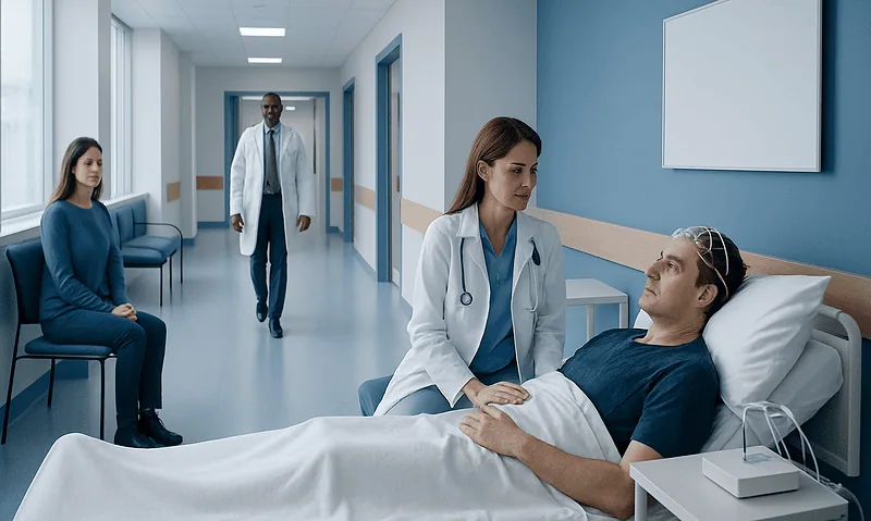 Doctor consulting patient in hospital room for neurological sleep evaluation.
