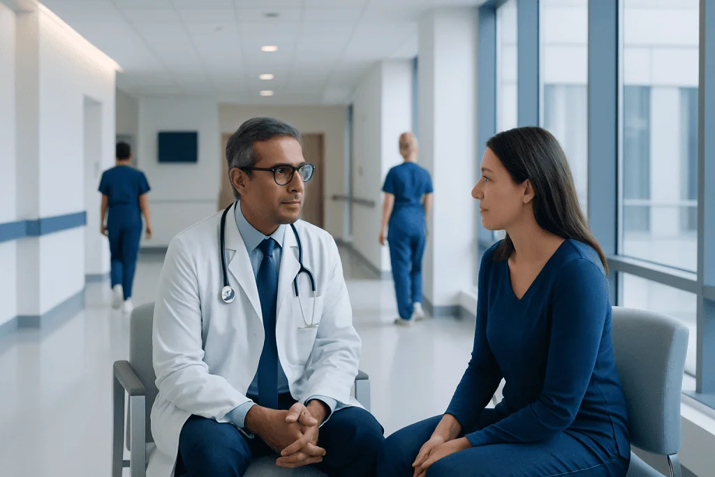 When to See a Neurological Sleep Specialist: Warning Signs Beyond Snoring and Poor Sleep 1 Doctor consulting patient in hospital corridor with medical staff in background.