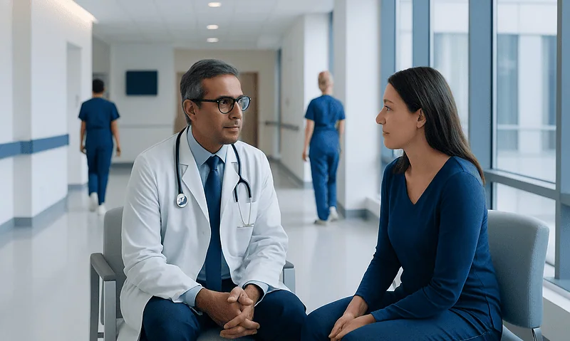 Doctor consulting patient in hospital corridor with medical staff in background.