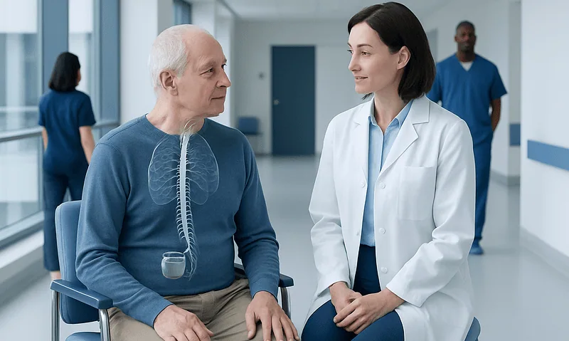 Doctor consulting with elderly patient in hospital corridor.