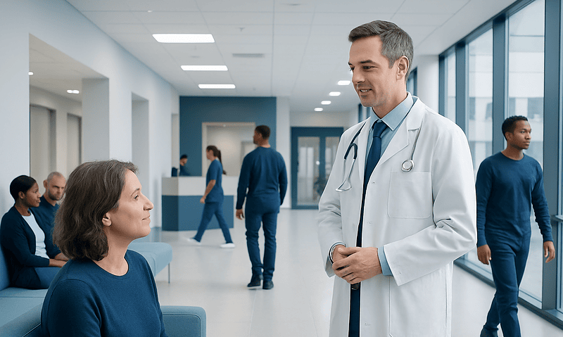 Doctor talking to a patient in a hospital corridor with staff in the background.