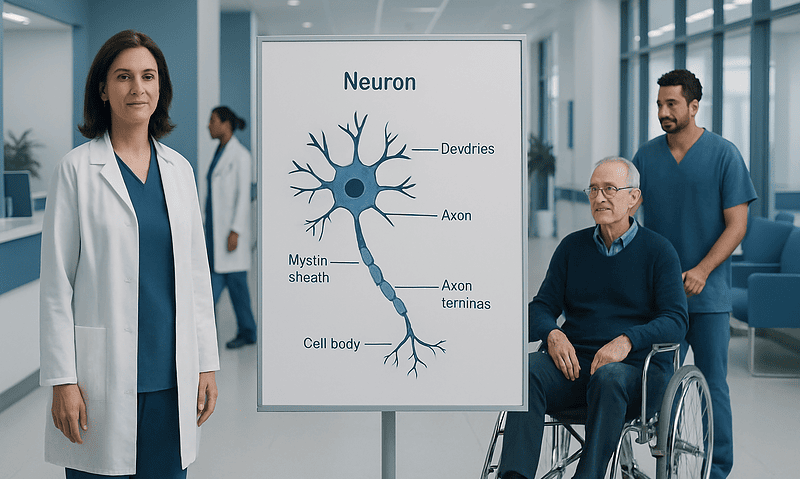 Medical professional explaining neuron diagram to patient in hospital.