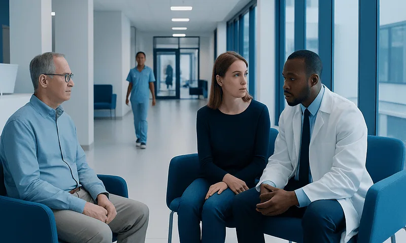 Psychiatric consultation in a hospital waiting area with doctor and patients.