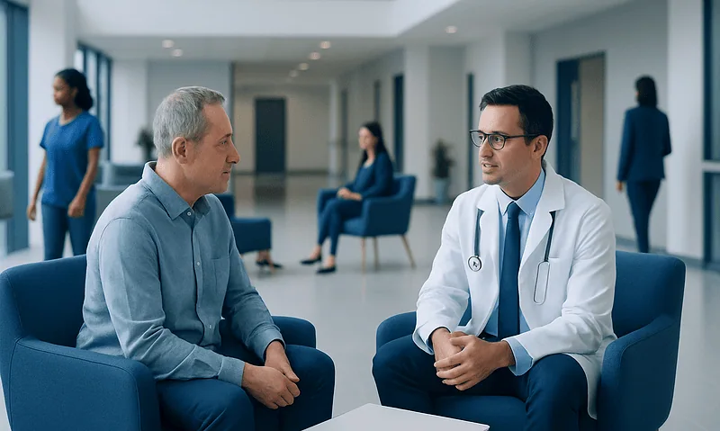 Doctor consulting with a patient in a modern hospital lobby.