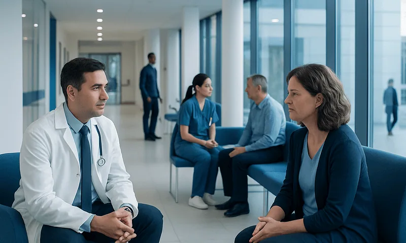 Doctor consulting with patient in hospital corridor during neuropsychiatry evaluation.