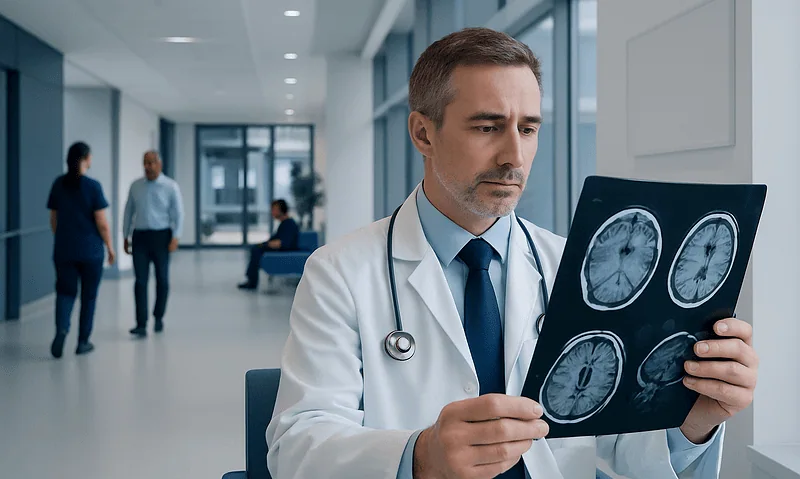 Neuroradiologist examining brain scan images in hospital corridor.
