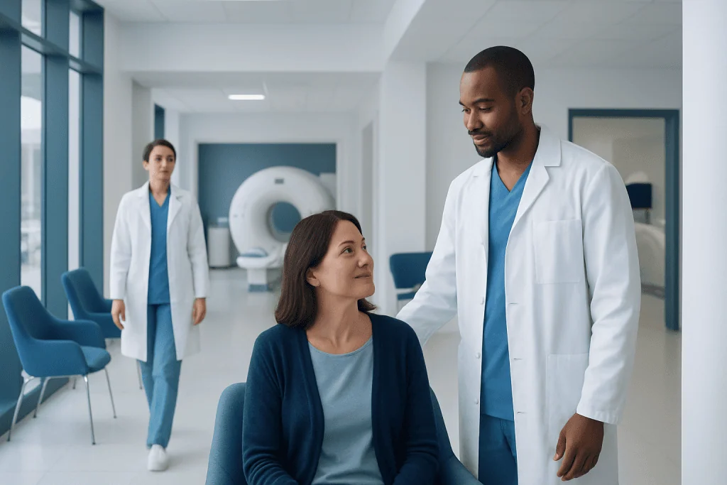 When Do You Need a Neuroradiologist? Symptoms That May Lead to Specialized Imaging 1 Medical team consulting patient in a hospital setting with MRI scanner in background.