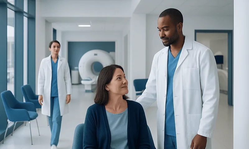 Medical team consulting patient in a hospital setting with MRI scanner in background.