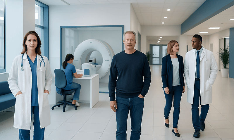 Medical professionals and a patient in a modern neuroradiology center.