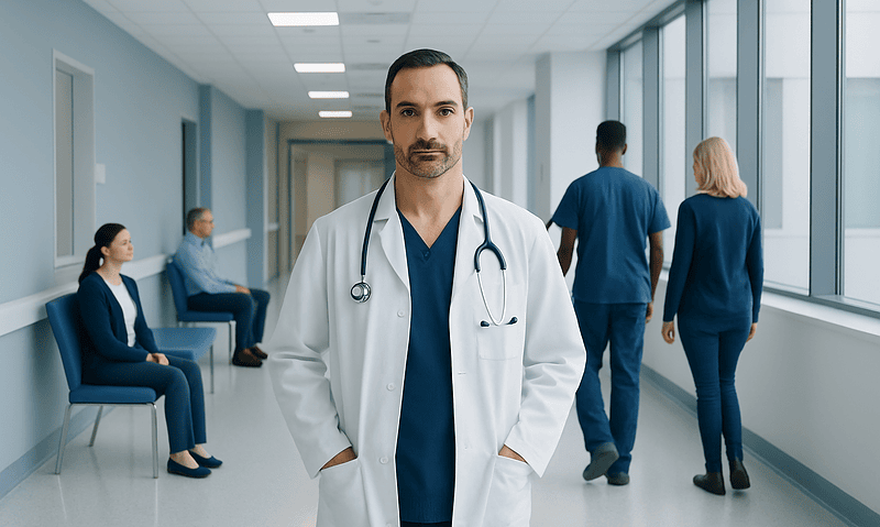 Neurosurgeon in hospital corridor with patients and staff in background.