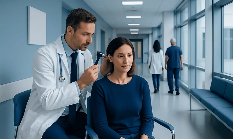 Doctor examining a woman's ear in a hospital corridor.