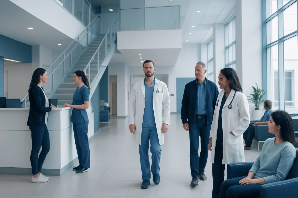 Newsletter on Health and Fitness: What Patients Need to Know 1 Healthcare professionals and patients in a modern hospital lobby.