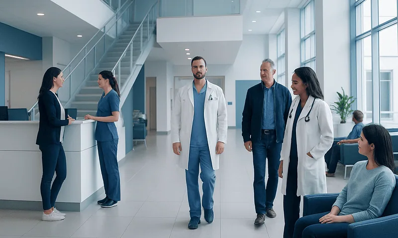 Healthcare professionals and patients in a modern hospital lobby.
