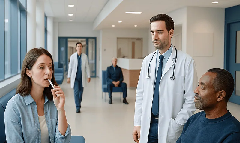 Doctor consulting with patient in hospital corridor.