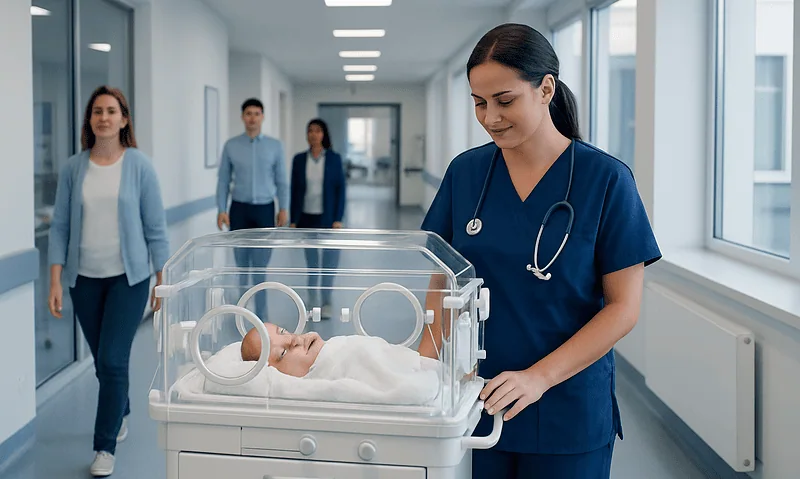 Nicu nurse caring for a newborn in a hospital incubator.