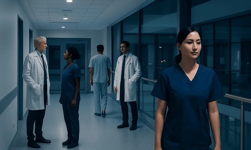 Medical team in hospital corridor with a nurse in the foreground.