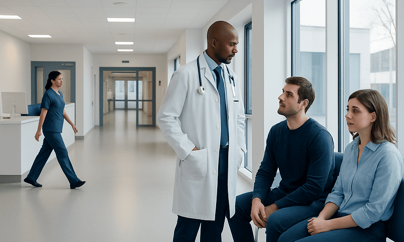 Doctor consulting with two patients in hospital corridor.
