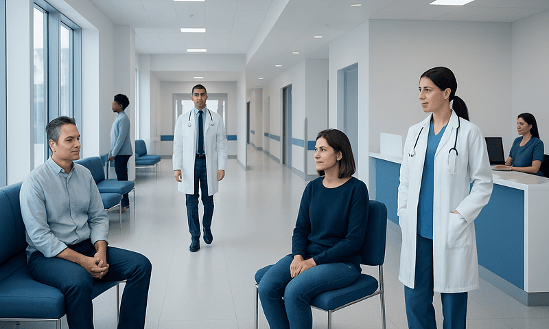 Medical consultation in a modern hospital corridor with doctors and patients.