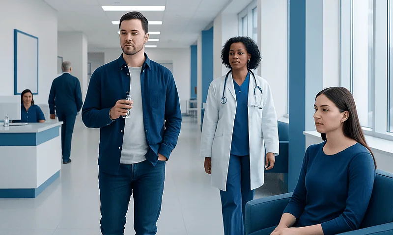 Patients and healthcare professional in a modern hospital corridor.
