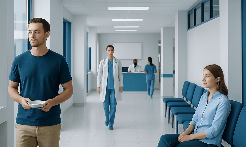 Patients waiting in a modern hospital corridor with medical staff present.