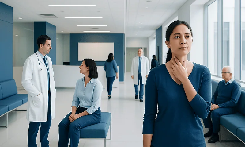 Patient in hospital waiting area with medical staff and visitors.