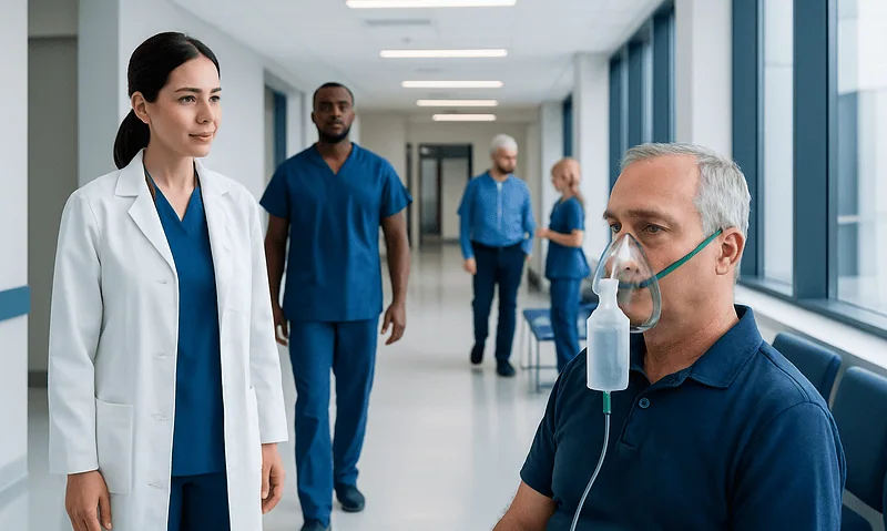 Patient with oxygen mask in hospital corridor with medical staff nearby.