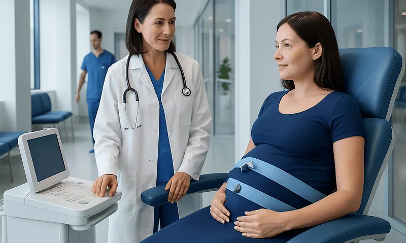 Pregnant woman undergoing non-stress test with healthcare professional in hospital.