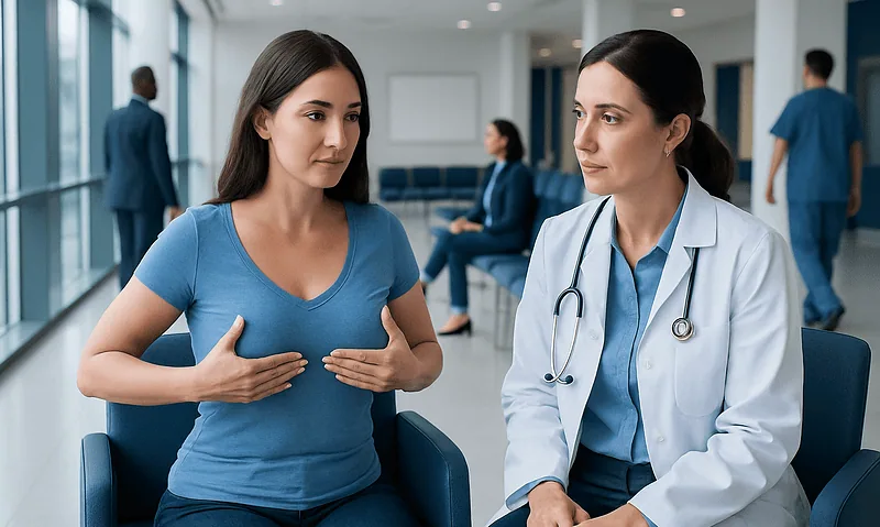 Patient discussing breast concerns with doctor in hospital setting.