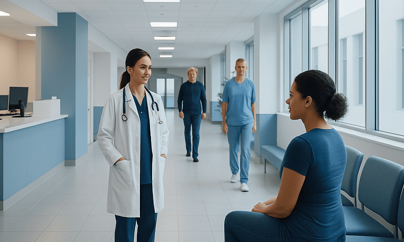 Medical consultation in a modern hospital corridor with healthcare professionals and patient.