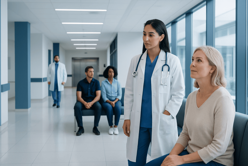 Non Surgical Face Lift: How It Works, Recovery, and What to Expect 1 Medical consultation in hospital corridor with doctor and patient.