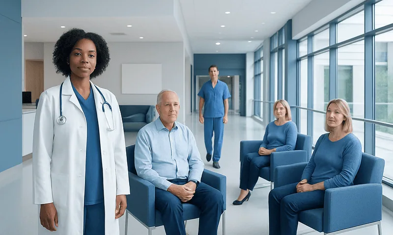 Healthcare professional with patients in a modern hospital waiting area.