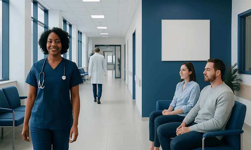 Healthcare professional smiling in hospital corridor with patients waiting.