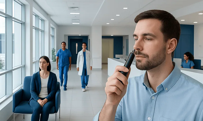 Man contemplating in hospital corridor with medical staff in background.