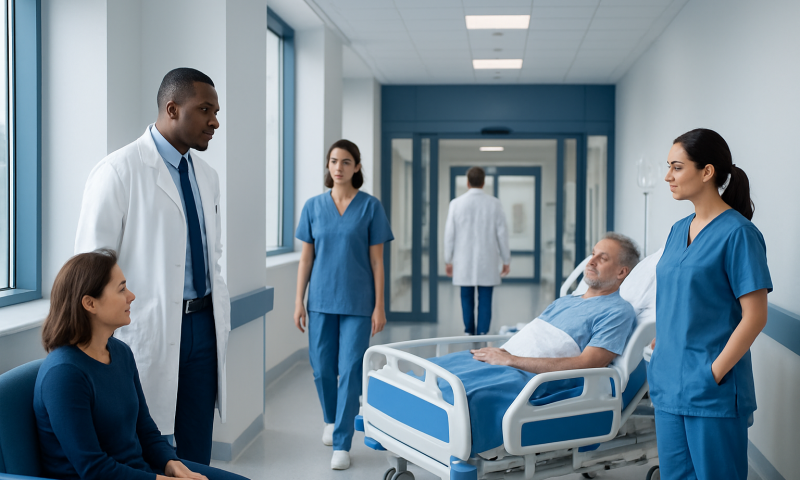 Nosocomial Infection: Diagnosis, Outlook, and Modern Treatment Approaches 7 Medical team consulting with patient in hospital corridor.