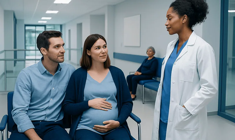 Pregnant woman consulting with doctor in hospital waiting area.
