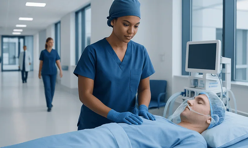 Nurse preparing patient for surgery in hospital corridor.